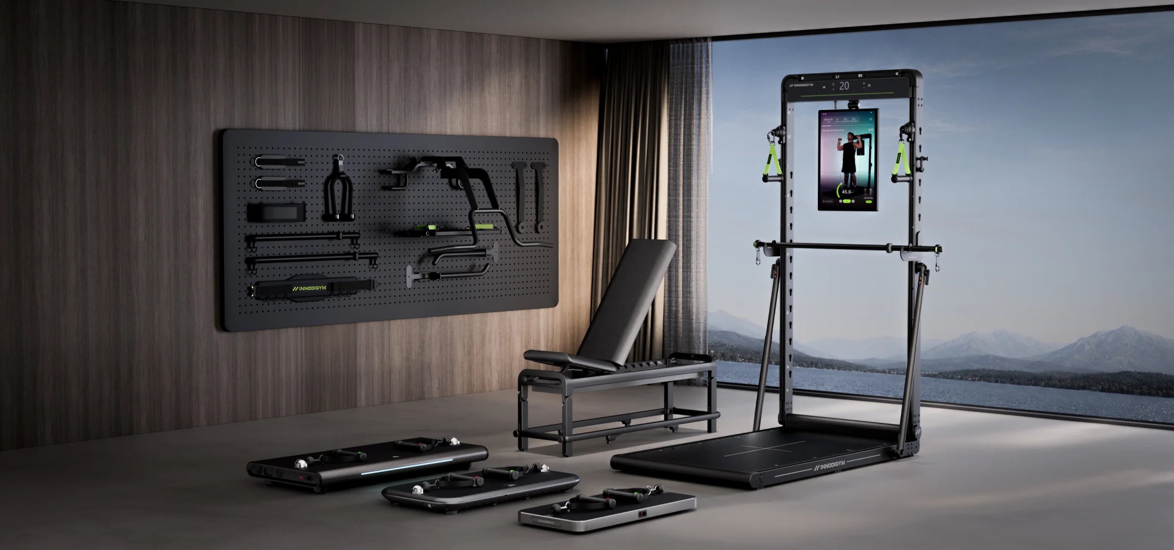 Écosystème d'entraînement INNODIGYM avec OMNI X1, la série P, un banc et des accessoires