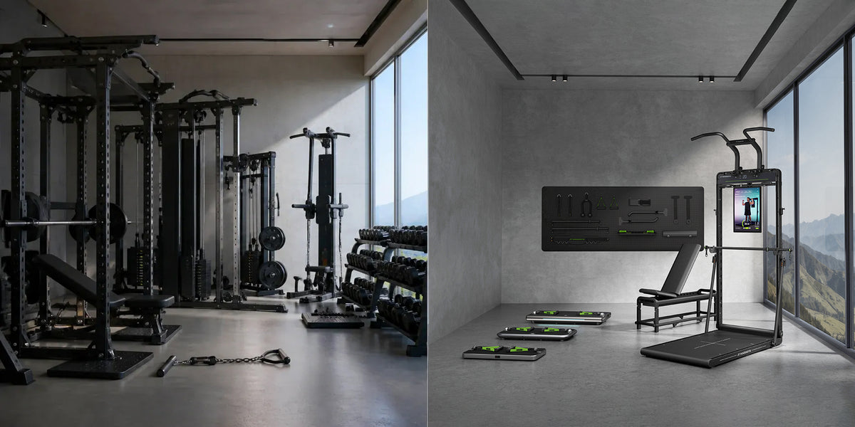 A room of separate gym stations beside one OMNI X1 Pro in an empty room