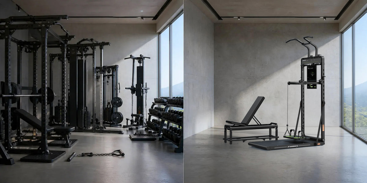 Une salle remplie d’appareils de musculation séparés à côté d’un OMNI X1 Pro dans une pièce vide